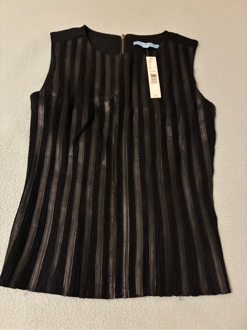 ANTONIO MELANI Black Vertical Leather Striped Sleeveless Top - Picture 3 of 7
